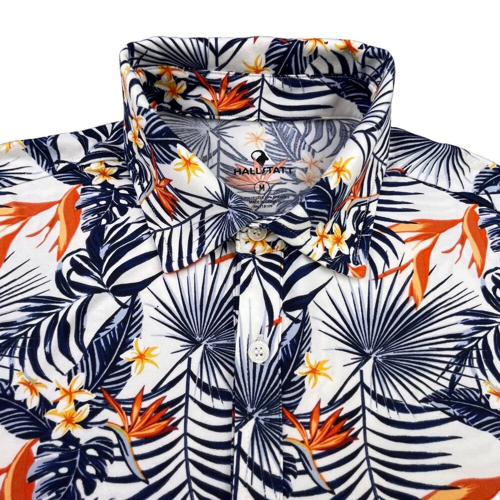 Hallstatt Polo Shirt Mens Medium Tropical Hawaiian Performance Short Sleeve NEW